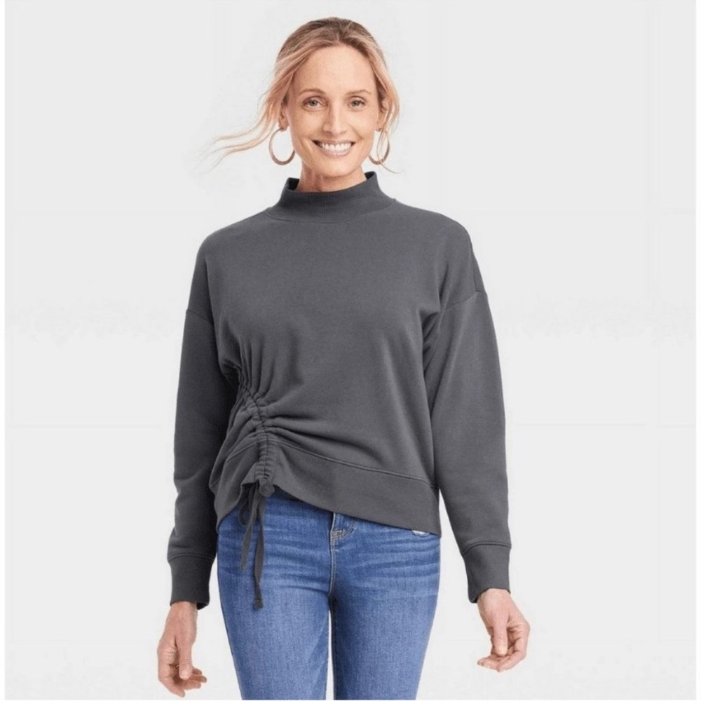 Knox Rose Ruched Sweatshirt Womens Small Soft Fleece Mock-Neck Gray